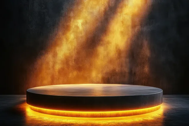 A glowing gold spotlight illuminates a grey marble podium on a dark textured stage.