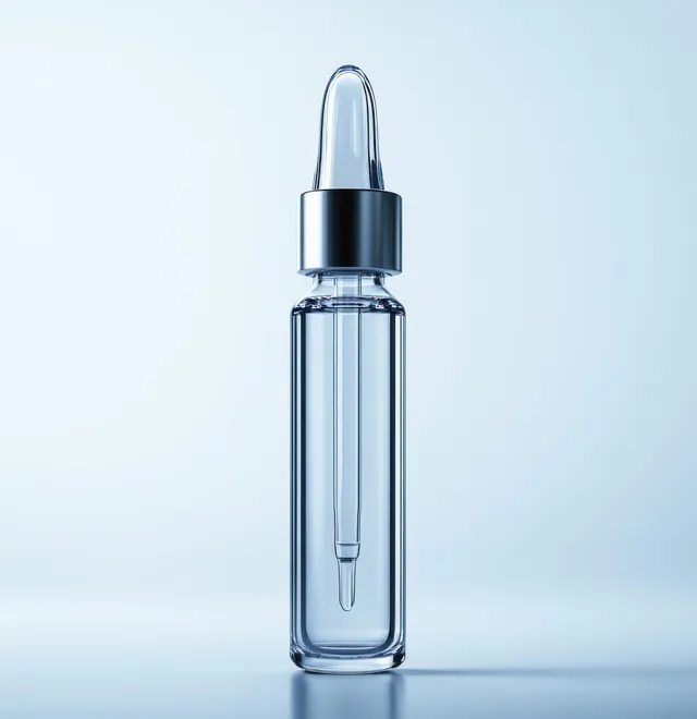 Transparent medical ampoule with microbubbles, isolated on bright white background