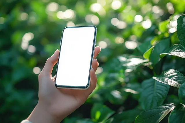 A hand holds a smartphone with a blank white screen in front of blurred green leaves.
