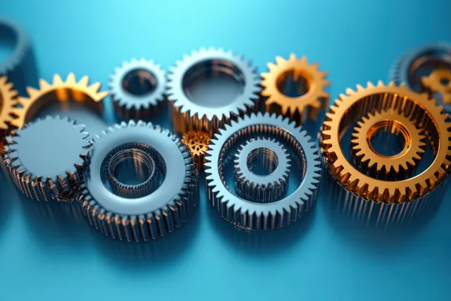 Interlocking silver and gold gears on blue surface with precise metallic detail