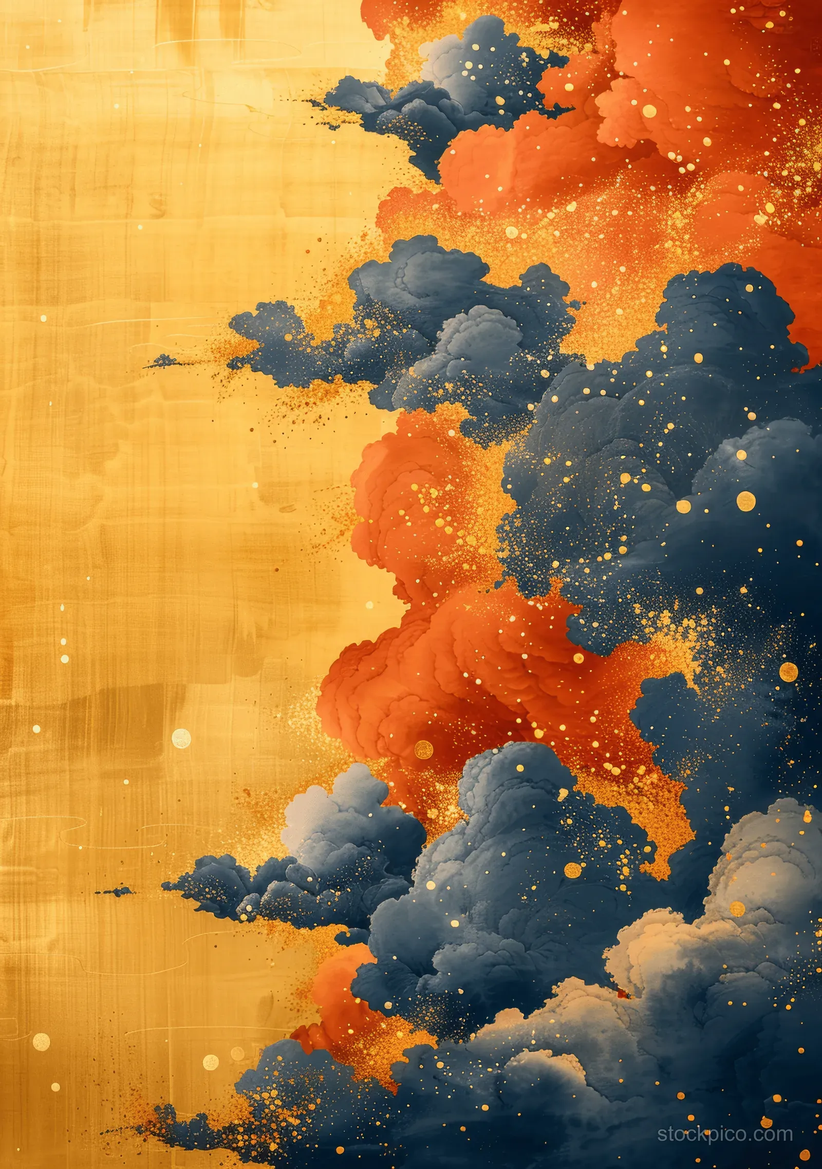 Golden background with layered cloud-like ink swirls in deep blue and orange with subtle speckled texture.