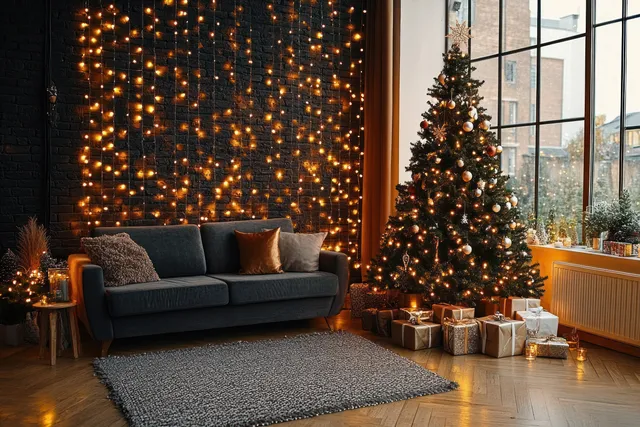 A decorated Christmas tree and wrapped gifts sit beside a sofa, lit by warm fairy lights in a cozy living room.