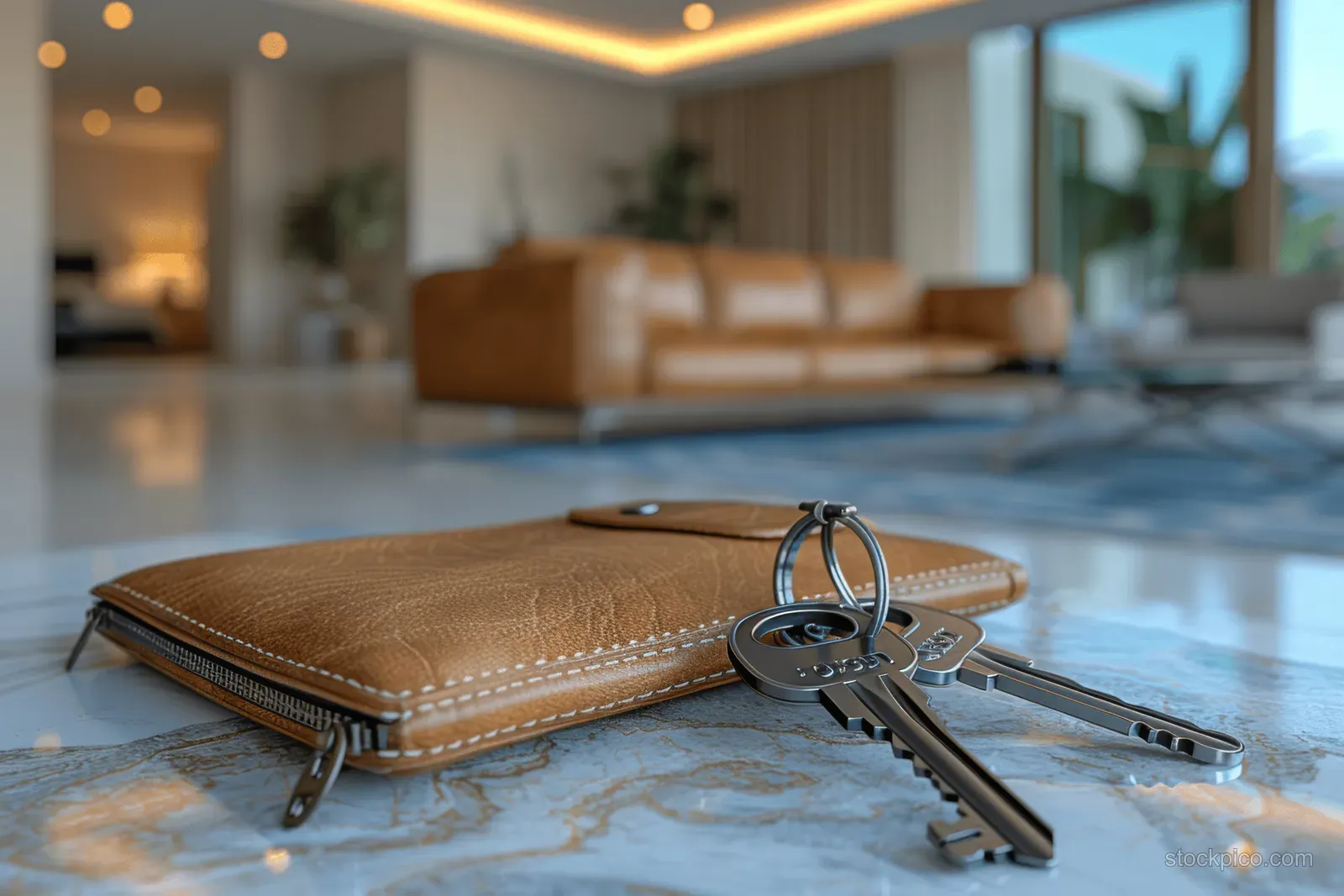 Apartment keys lie on a leather wallet on a countertop with a blurred living room behind them.