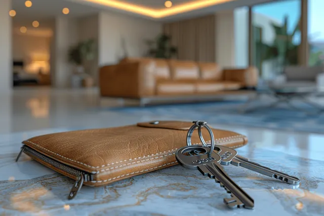 Apartment keys lie on a leather wallet on a countertop with a blurred living room behind them.