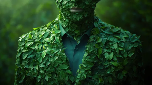 A businessman wearing a suit covered in green leaves stands against a dark green background.