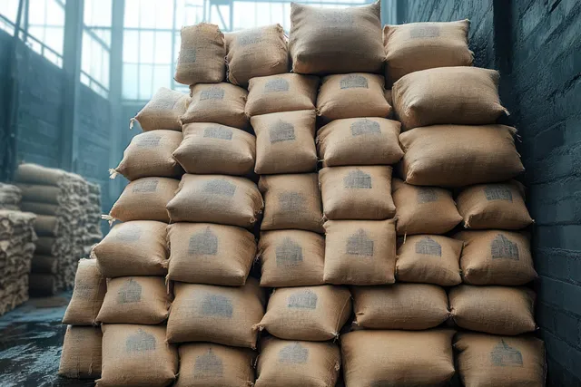 Large stacks of burlap sacks are piled inside a warehouse, lit by natural light from large windows.