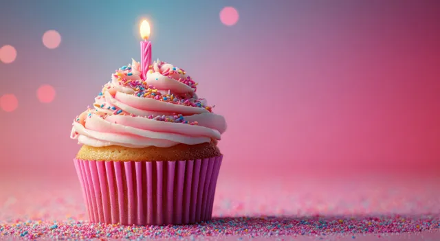 Birthday cupcake with lit candle and rainbow sprinkles on pastel pink bokeh background