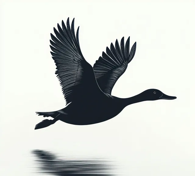 Silhouette of a flying duck with outstretched wings and a reflection on calm water below.