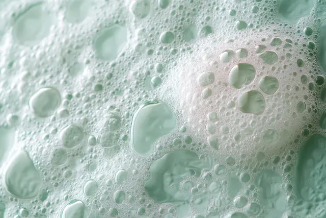Light green foam bubbles fill the frame, suggesting a gentle facial cleanser texture.