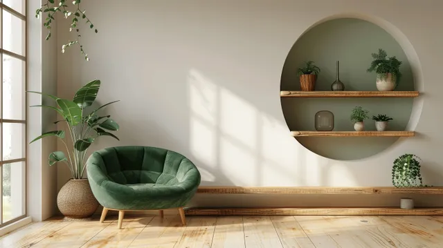 3D living room scene with green armchair, arched shelves, plants, soft window light