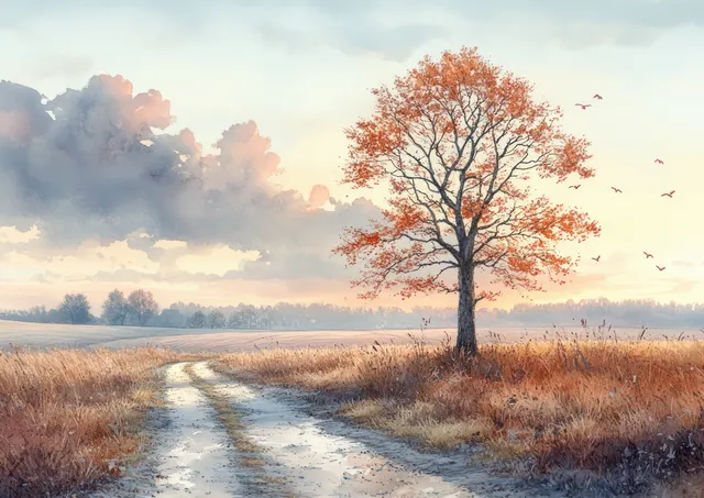 Leafless tree with faded cherry blossom in winter countryside beside a winding path