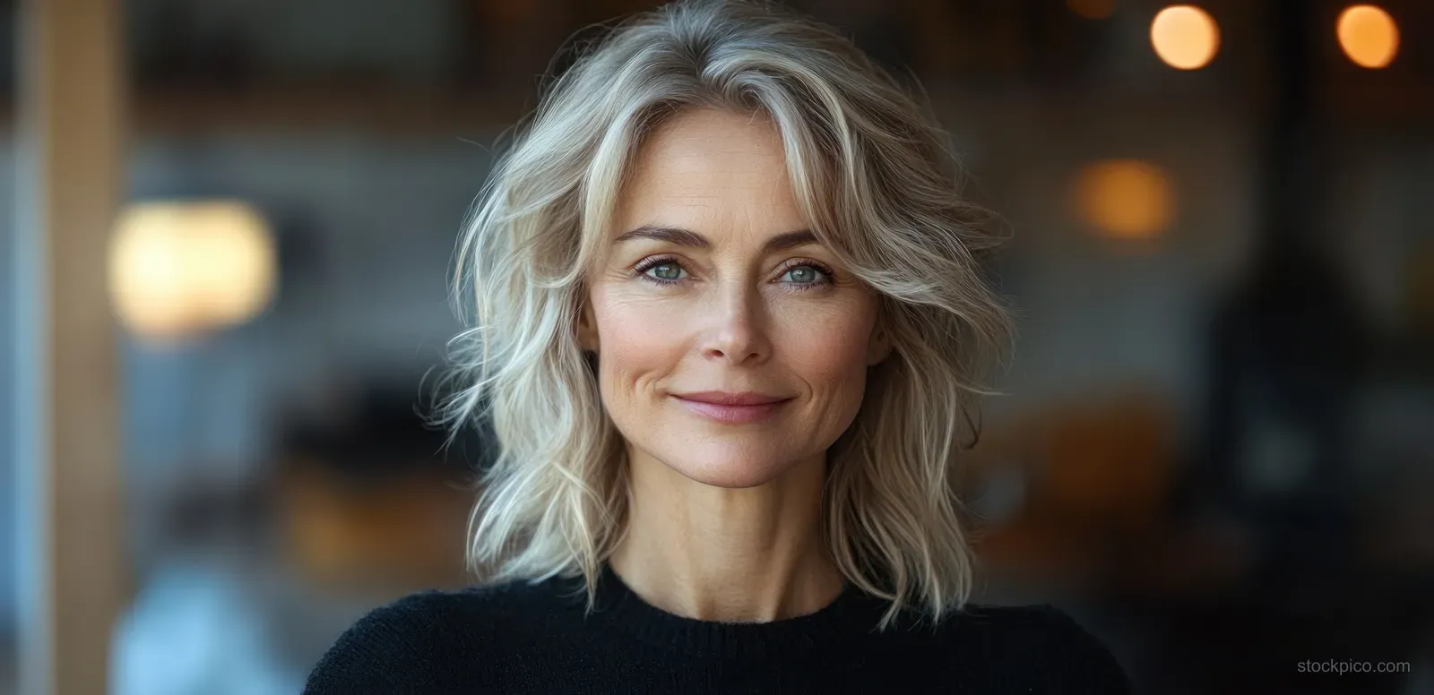 Smiling mature woman with light blond hair in a close-up head-and-shoulders portrait against a blue background.