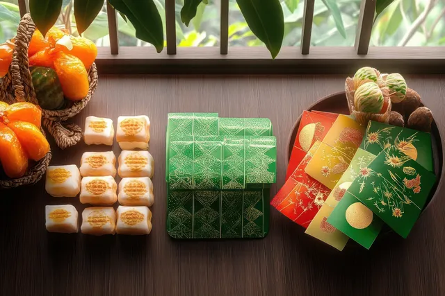 Oranges, white pastries, patterned green boxes, and colorful envelopes sit on a wooden table beside a window with green leaves outside.