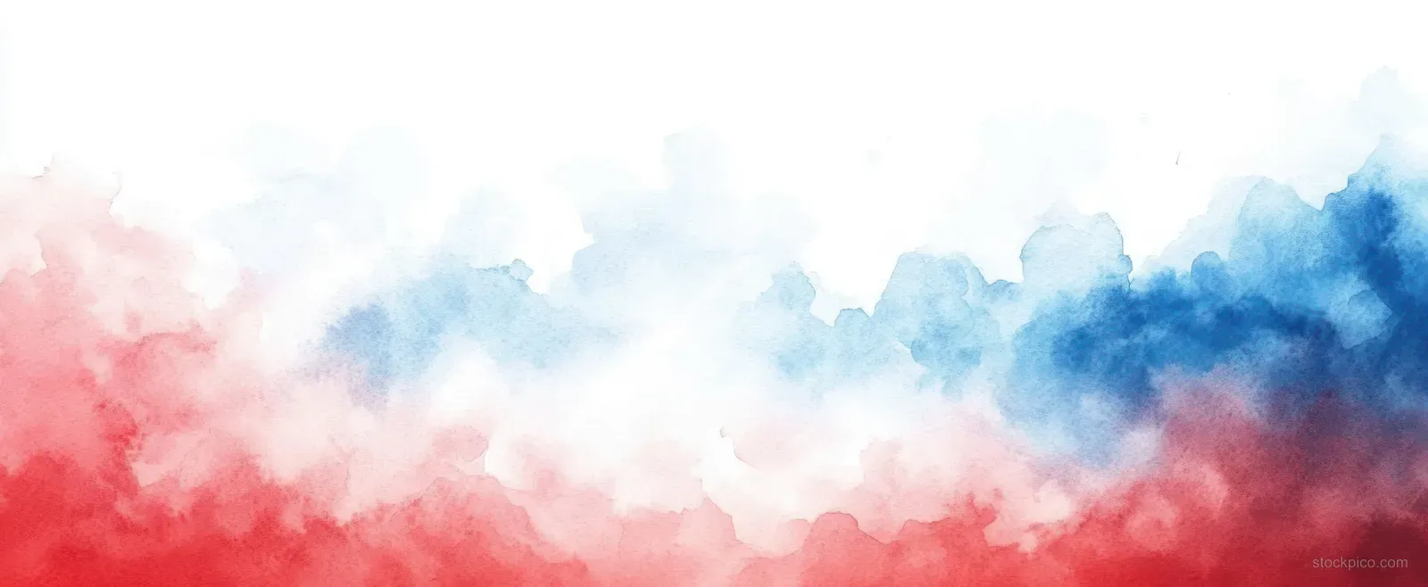 Abstract watercolor wash in crimson red and sky blue with soft white cloud-like swirls.