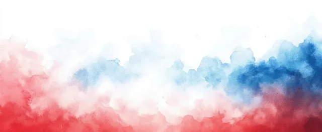 Watercolor crimson and sky-blue wash with white swirls creating a patriotic background