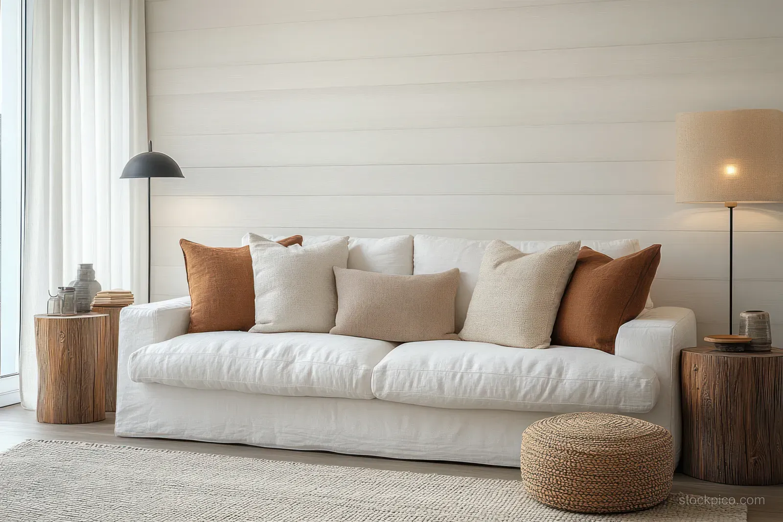 White sofa with textured pillows sits in a Scandinavian living room under warm ambient lamp light.