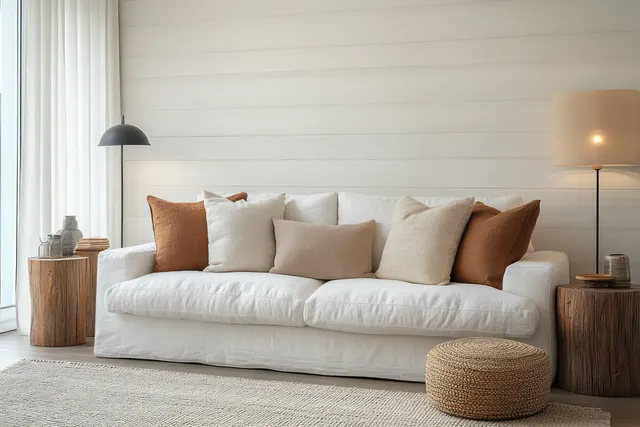 White sofa with textured pillows sits in a Scandinavian living room under warm ambient lamp light.