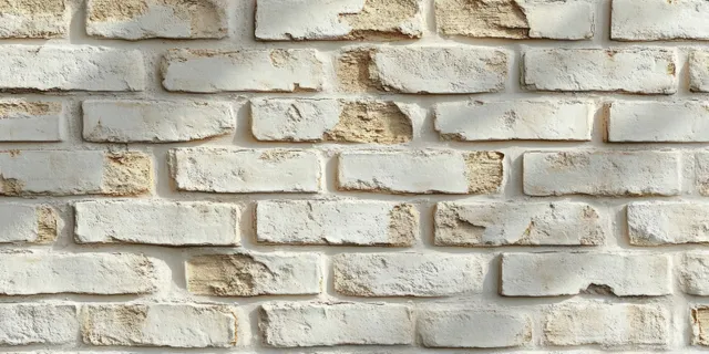 Close-up of a white painted brick wall with worn spots exposing underlying brick and rough mortar texture.