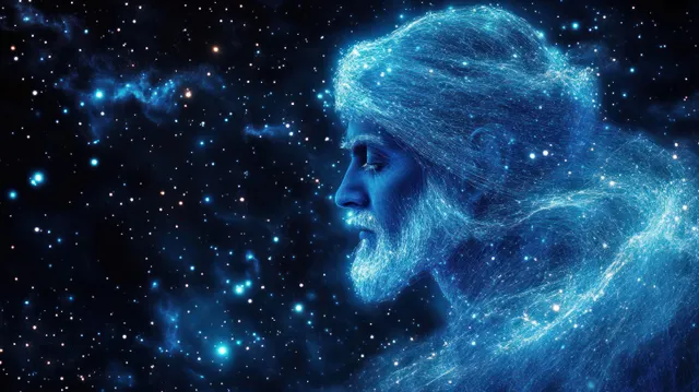A blue low-poly guru figure is placed in a starry cosmic nebula background.