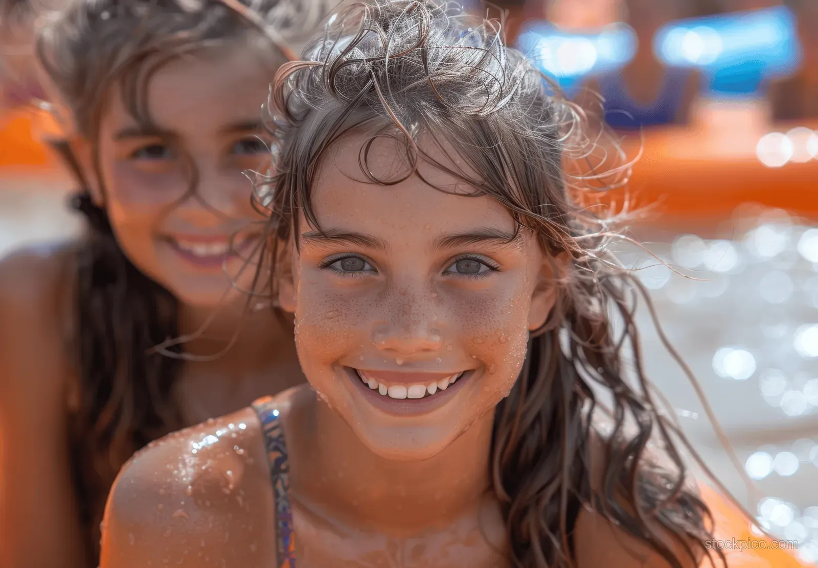 Two smiling girls with wet hair and freckles enjoy a sunny water splash outdoors.
