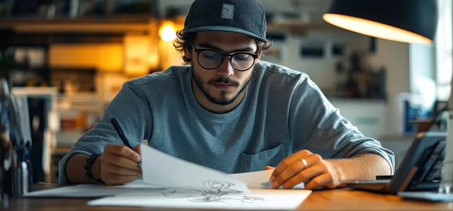 Focused young man with glasses sketches detailed drawings on paper at a wooden desk under warm lamp light.