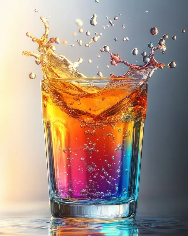 A clear glass erupts with colorful liquid splashing and bubbles rising under rainbow studio lighting on a dark background.