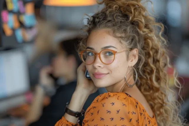 Smiling woman with curly hair and glasses taking a phone call in a busy office
