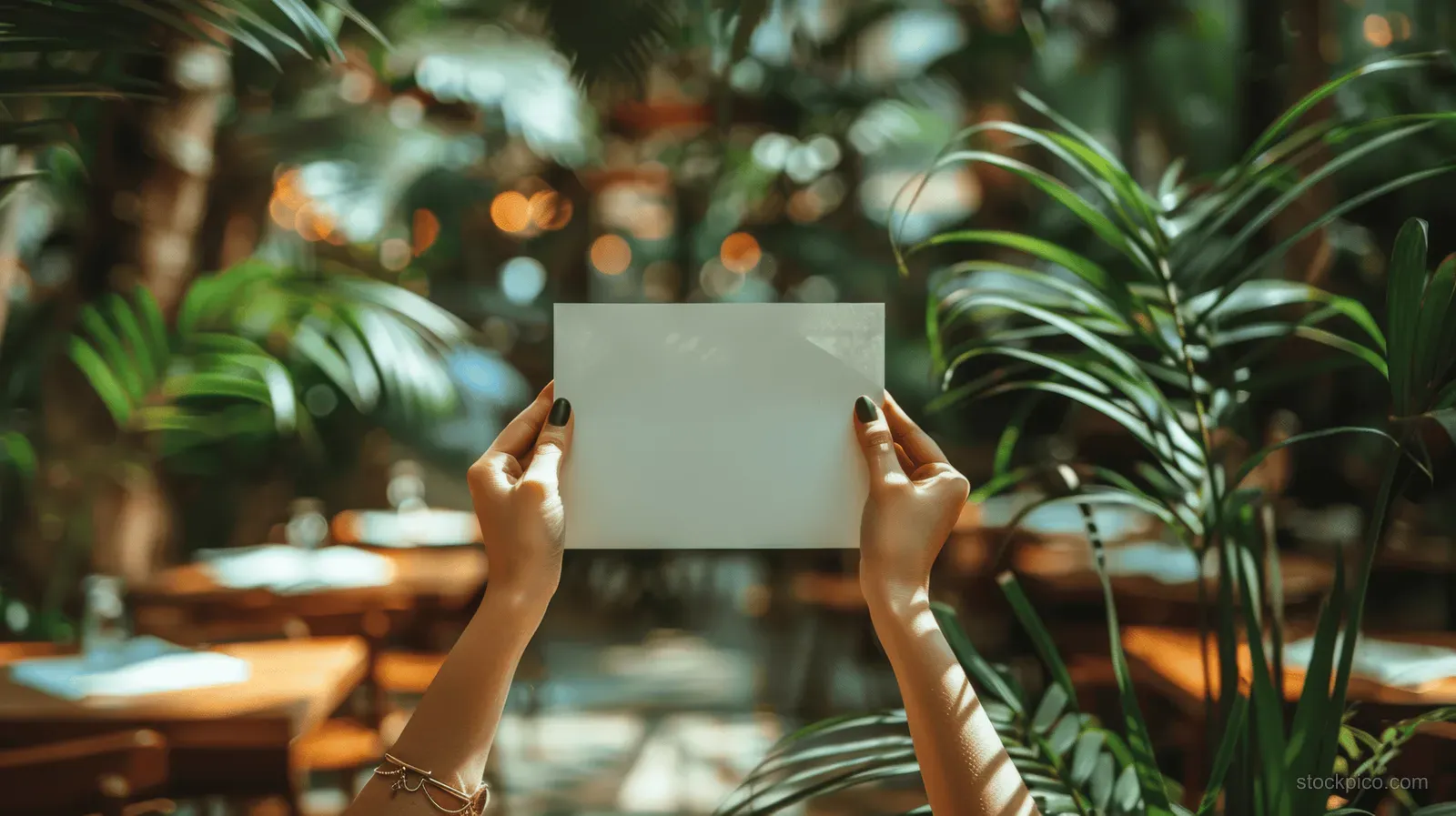 Woman holding a blank white menu sheet in a sunlit cafe with green plants behind her.