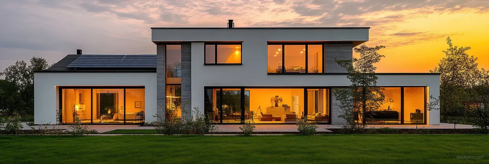 A modern two-story house at sunset shows warm light through large windows beside a trimmed green backyard lawn.