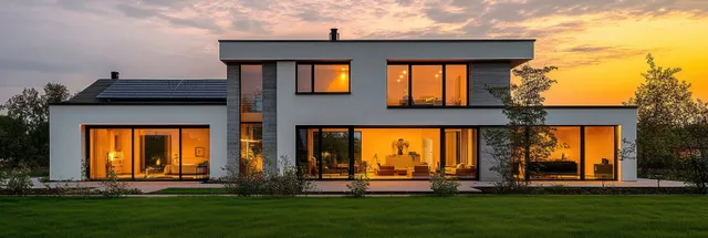 A modern two-story house at sunset shows warm light through large windows beside a trimmed green backyard lawn.