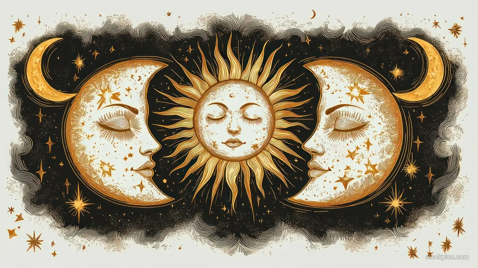A serene sun face sits between two crescent moons with closed eye faces, surrounded by glowing stars in a dark night sky.