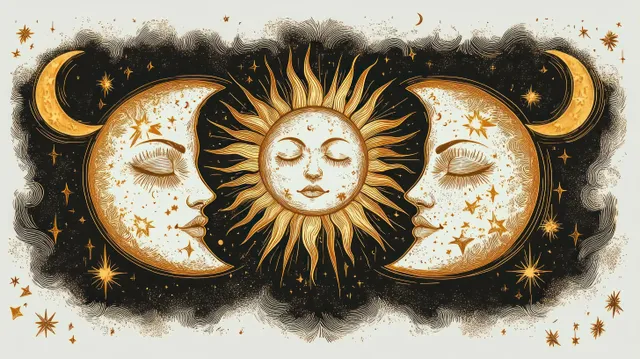 A serene sun face sits between two crescent moons with closed eye faces, surrounded by glowing stars in a dark night sky.