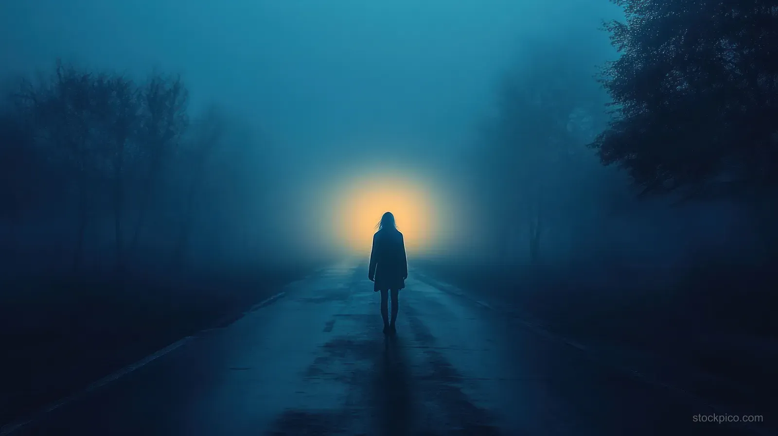 A lone silhouette walks along a foggy nighttime road, backlit by a distant bright light through mist.
