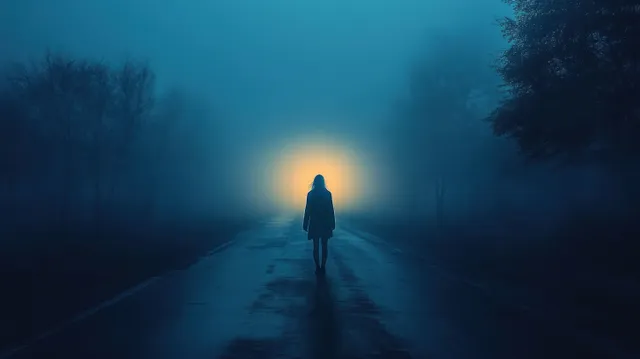 A lone silhouette walks along a foggy nighttime road, backlit by a distant bright light through mist.