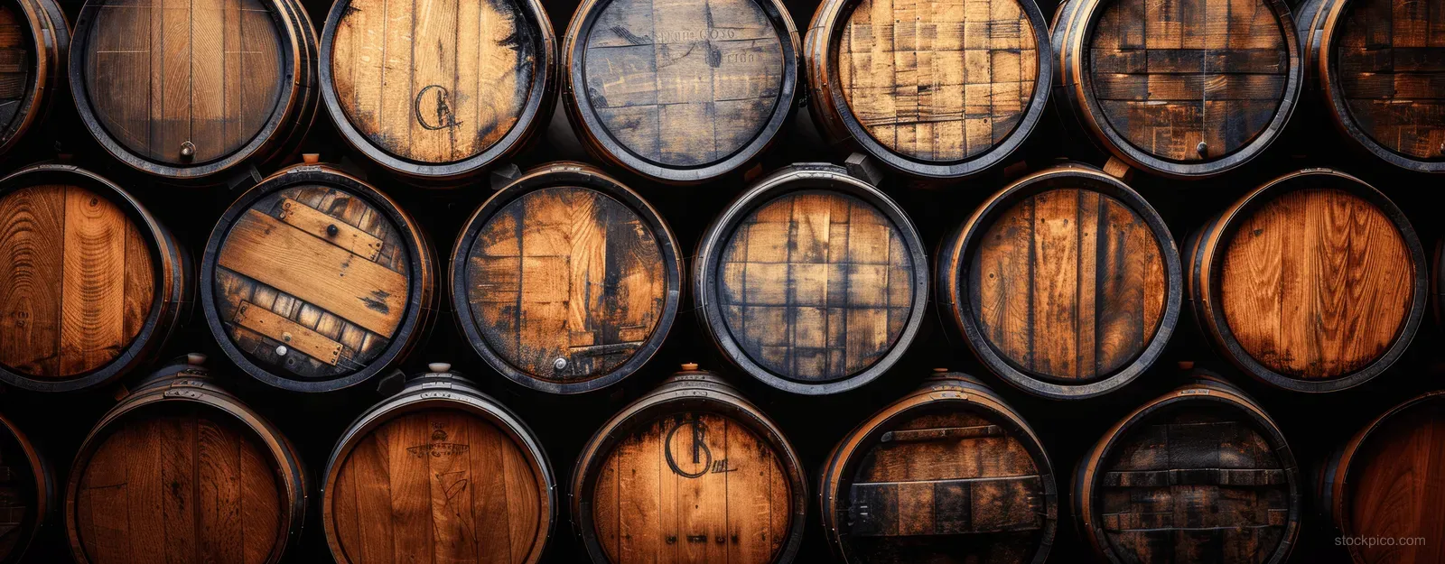 Rows of wooden whiskey barrels stacked in a dark cellar with warm oak tones.