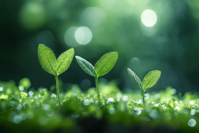 Green seedlings sprout from dark soil in a dew-covered field under soft morning light and bokeh.