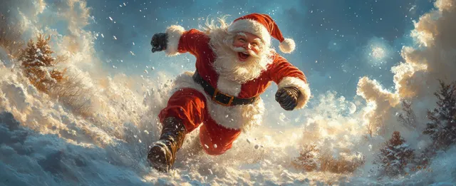 Joyful Santa Claus running through snowy night landscape, clutching a gift sack