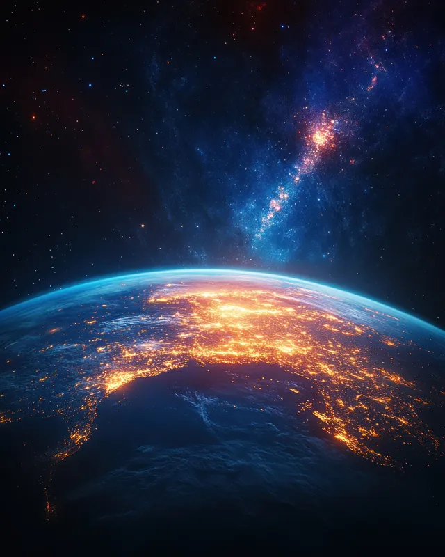 Satellite view of Earth at night with glowing city lights across Southeast Asia and stars in the background.
