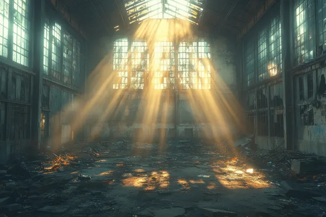 Inside an abandoned recycling factory, beams of light fall onto a debris-strewn floor and broken window frames.