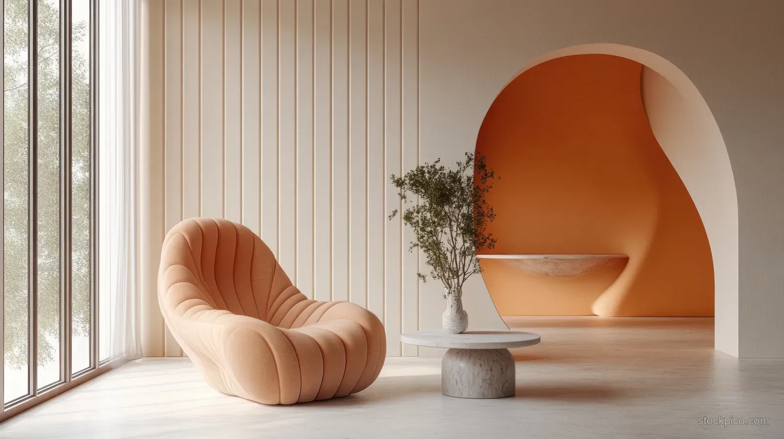 Peach curved armchair placed in a minimalist living room beside a terracotta alcove, lit by soft daylight.