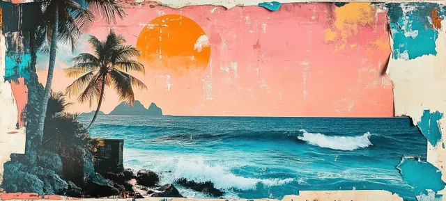 Palm trees over a rocky beach with ocean waves, an orange sun, and a pink sky in a vintage collage style.