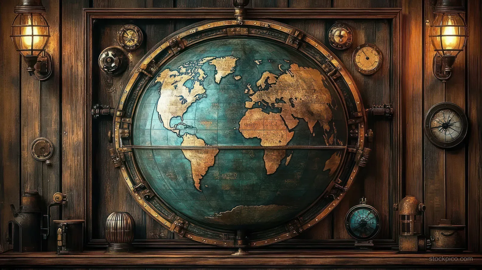 Antique world globe mounted on a wooden panel, surrounded by nautical instruments and warm lamps, evokes a timeless exploration theme.