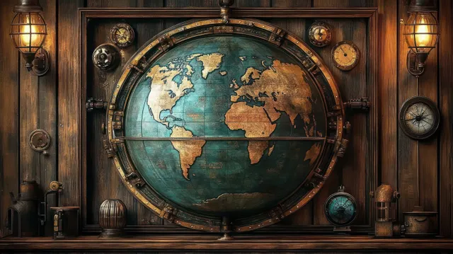 Antique World Globe with Nautical Instruments on a Wood Wall Panel