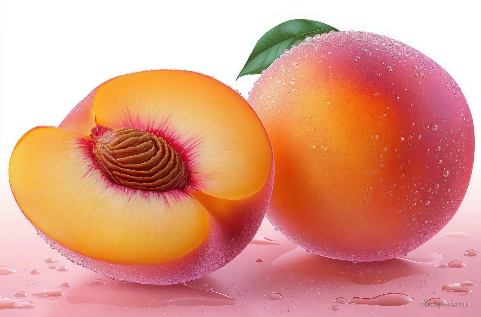 Whole and halved ripe peaches with exposed seed and water droplets sit on a wet surface with a green leaf.