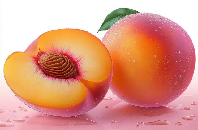 Whole and halved ripe peaches with exposed seed and water droplets sit on a wet surface with a green leaf.