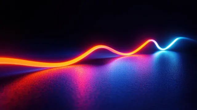 Neon red and blue light waves ripple across a dark textured road with reflections