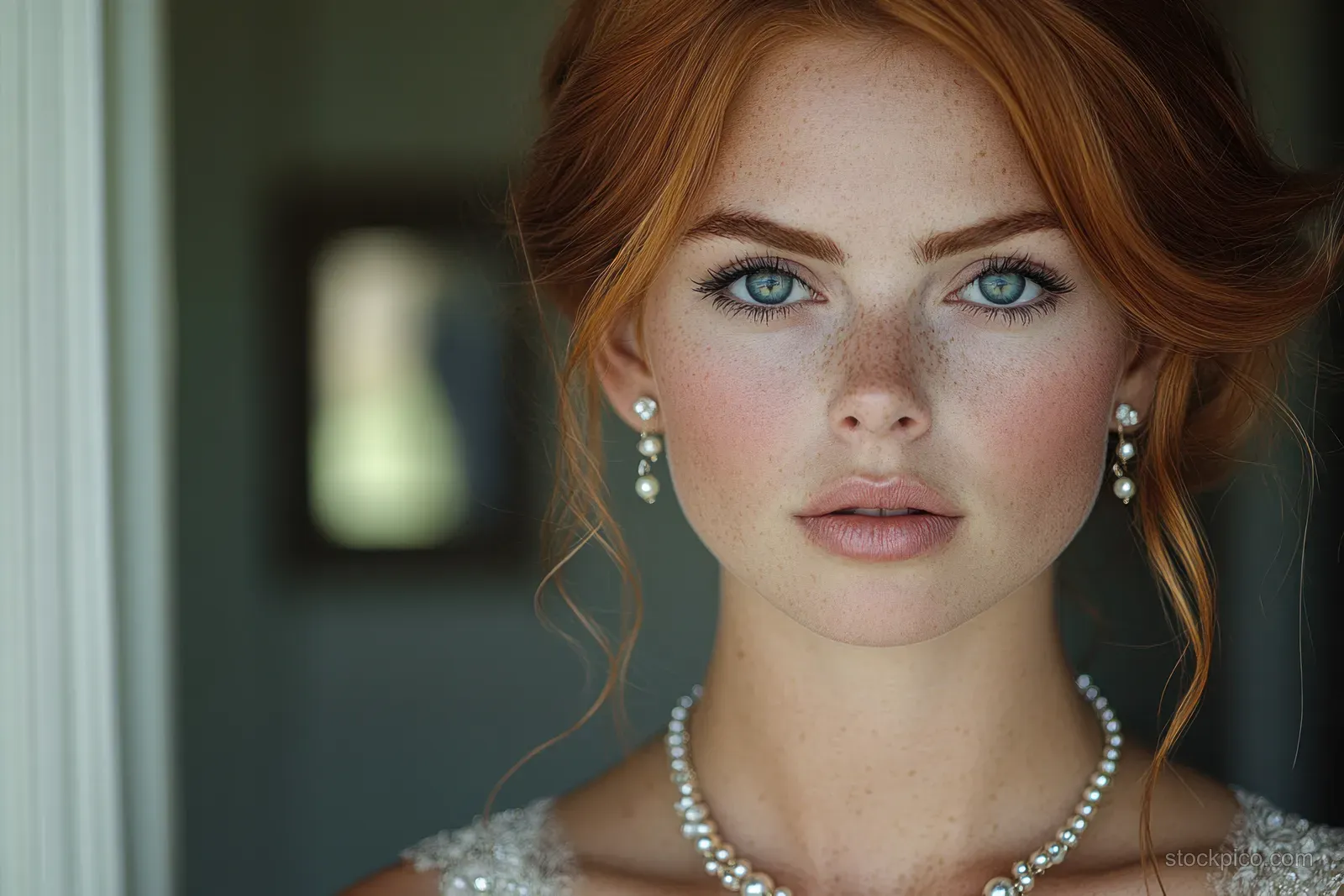 Close-up portrait of a woman wearing a diamond necklace and earrings under soft natural indoor light.