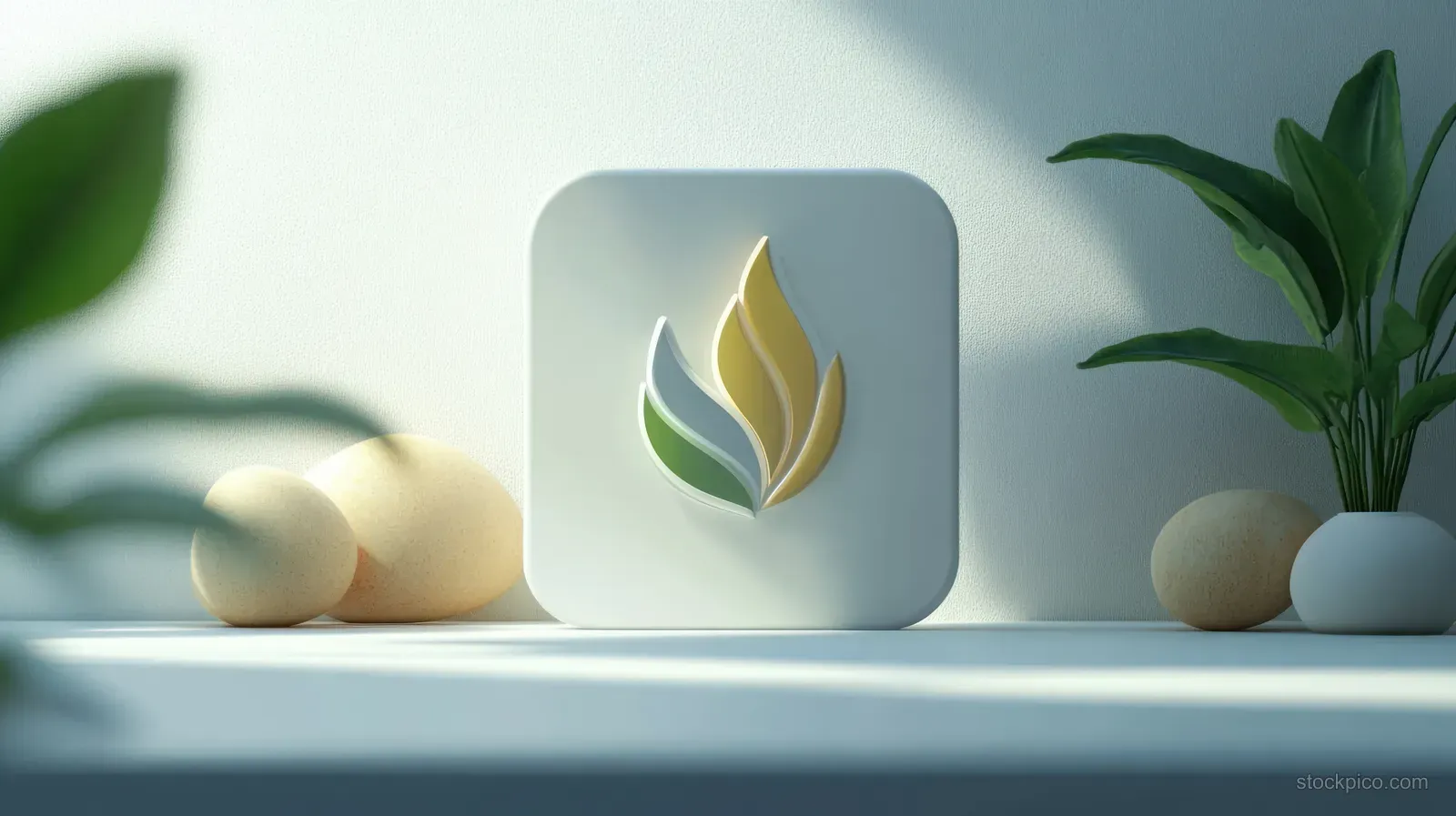 A 3D app icon tile sits on a blue shelf beside blurred plants and smooth stones.