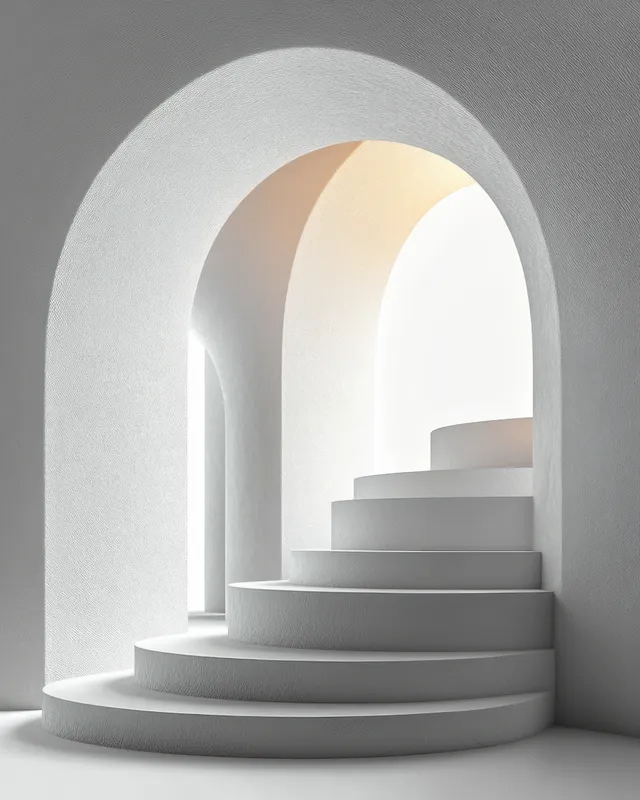 White spiral staircase curves upward inside an interior, illuminated by soft natural light through rounded archways.