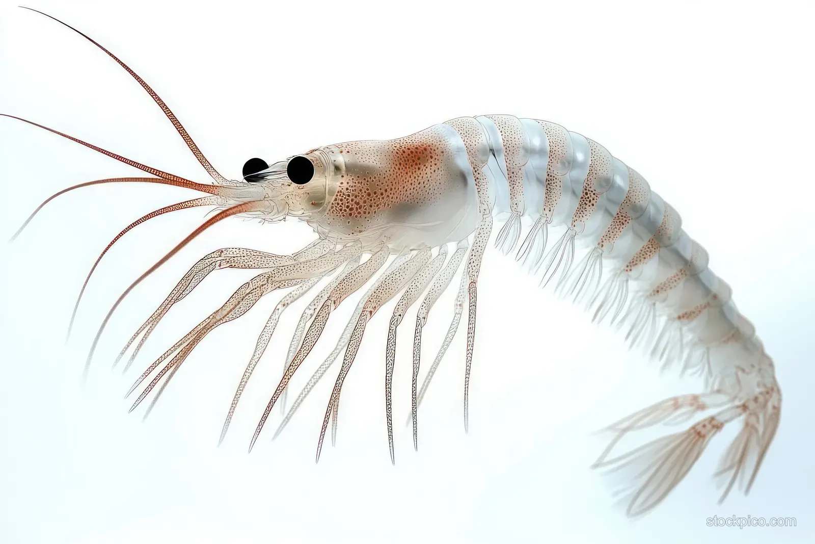 Translucent shrimp isolated on a white background showing segmented body, long antennae, and many legs.